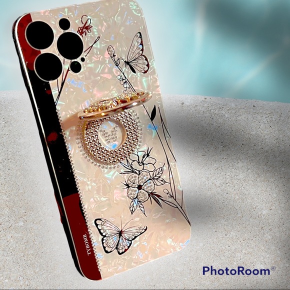 iPhone 13 Pro Max Cute Floral Butterfly Design w Ring Stand Luxury Diamond Case - Picture 7 of 7